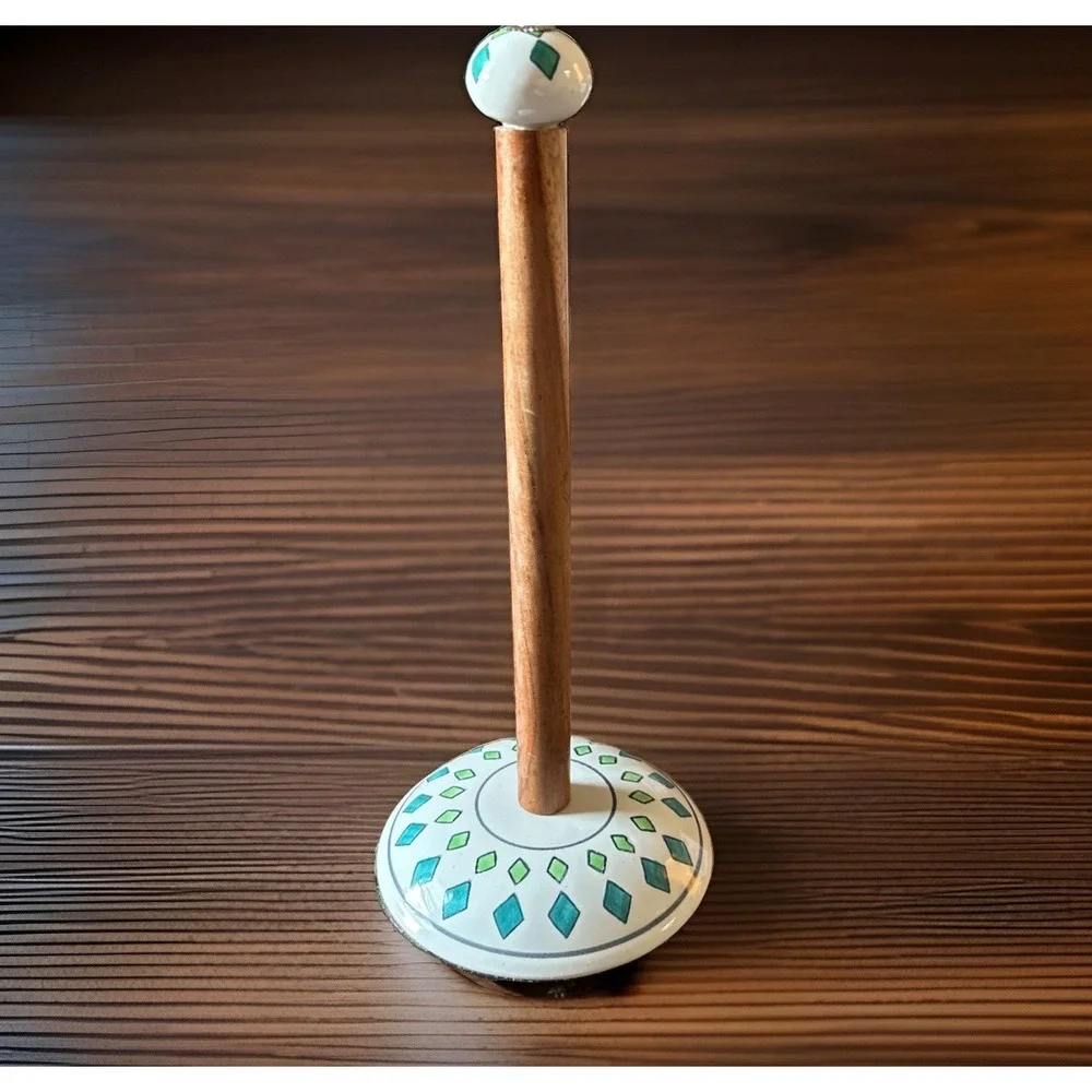 Talavera Style Blue/White/green Ceramic & Wood Paper Towel Holder Geometric Boho